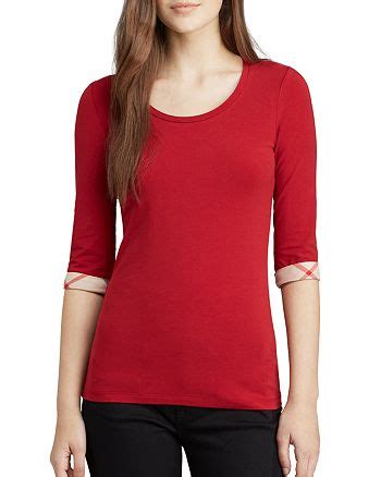 Burberry Scoop Neck Three Quarter Sleeve Tee with Check 